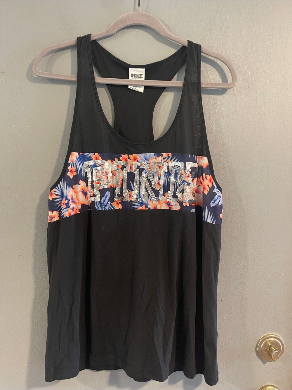 PINK Victoria's Secret Black Floral Logo BLING Racerback Tank Size L
